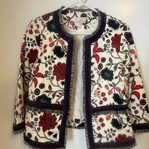 LOFT Floral Embroidered Blazer - Red, Navy , and Cream